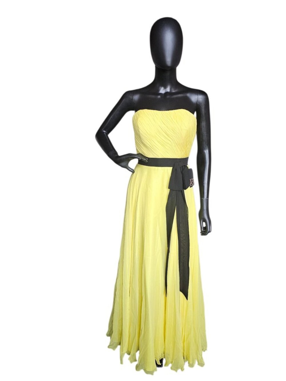 100% Silk Yellow/Black A-Line Formal Dress - Alyce Designs